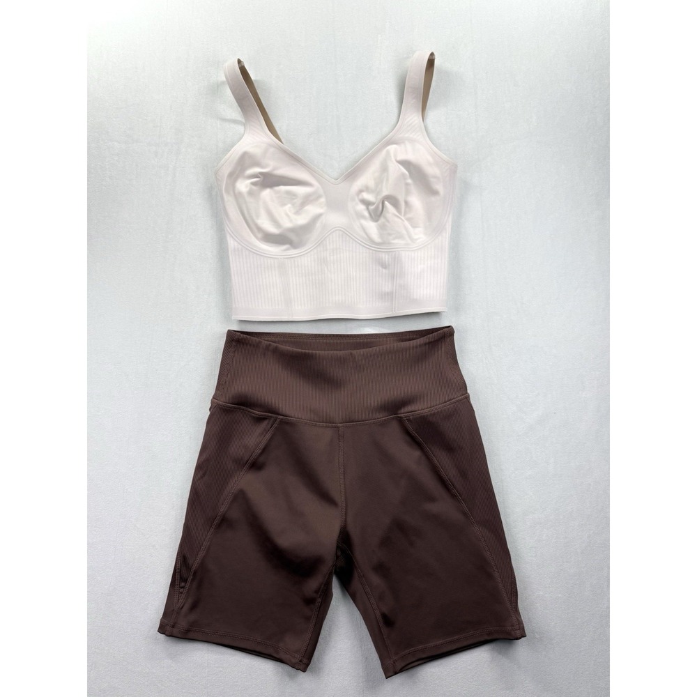 Set of Fanka Body Sculpt Bra Tank Lift Top M Cream Biker Shorts Brown Gym Active - Picture 2 of 15